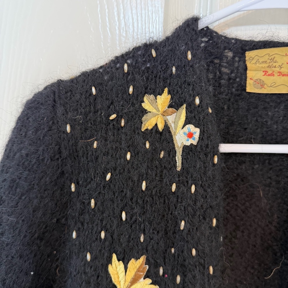 Vintage 60s Black Embroidered Mohair Cardigan - Picture 4 of 6